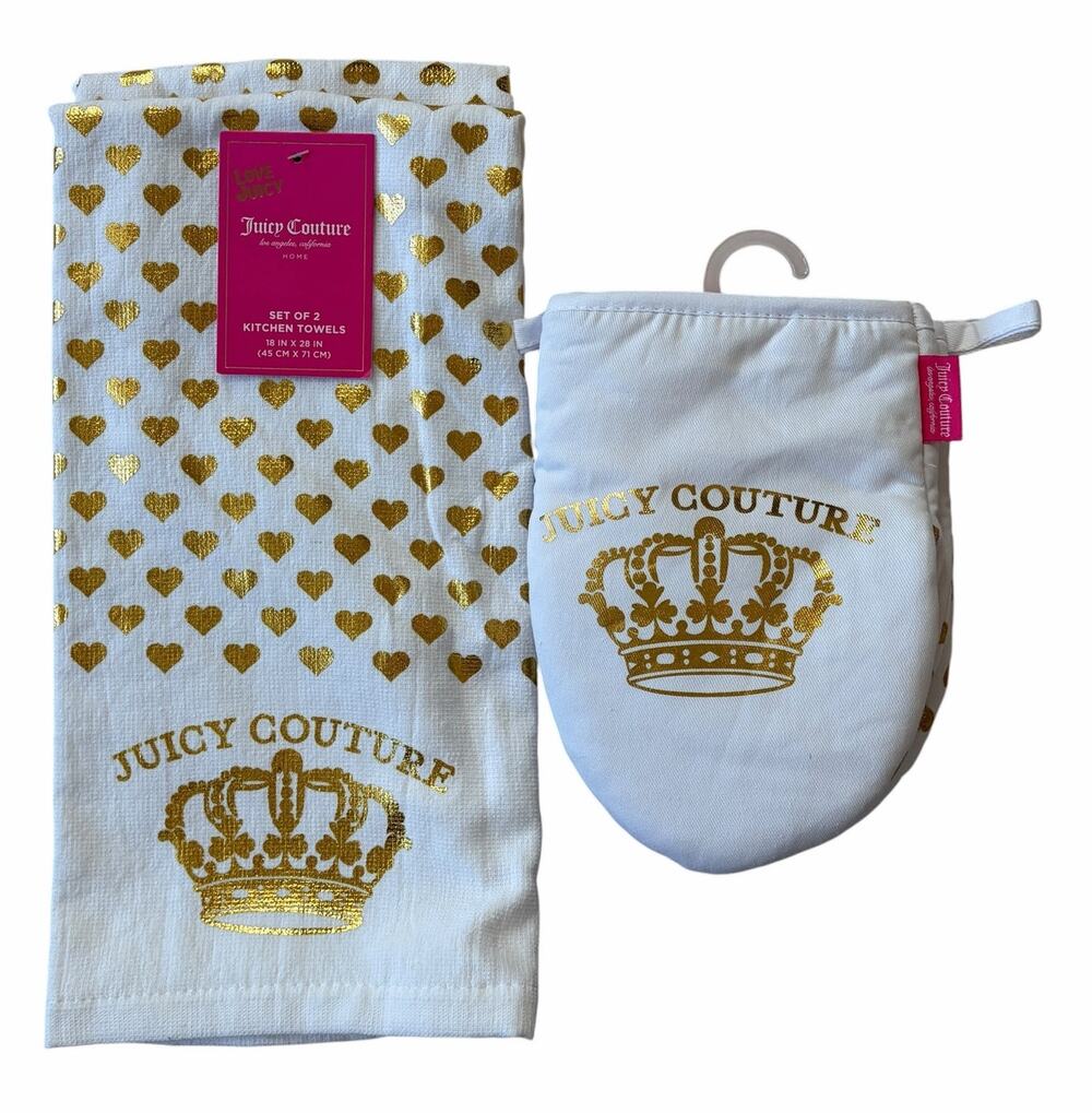 4pc Juicy Couture Gold Hearts Crown Kitchen Towel & Mini Oven Mitt Set Home New